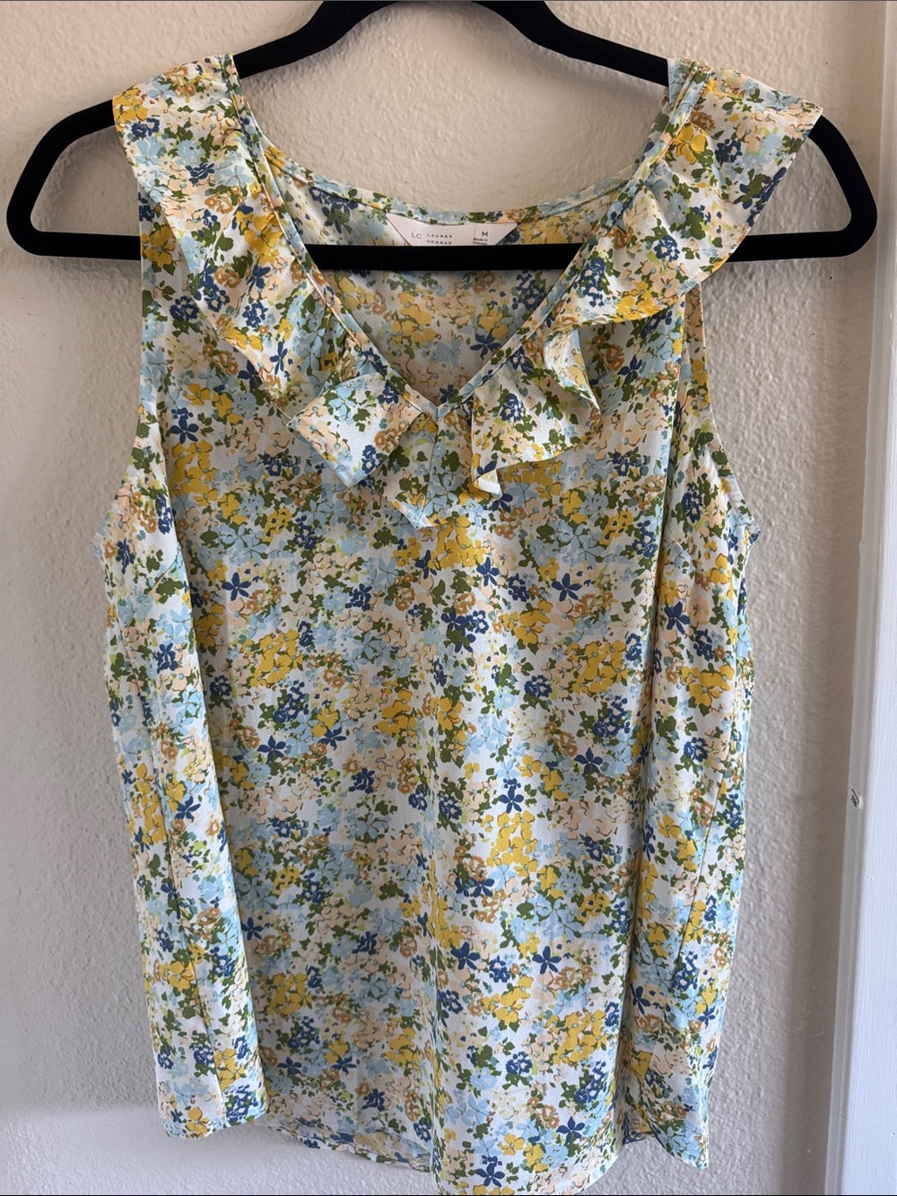 LC Lauren Conrad Yellow Blue Floral Ruffle Neck Camisole